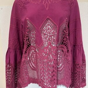 Chloe Oliver Boho Lace Crochet Blouse Purple Bell Sleeve Romantic Top Small